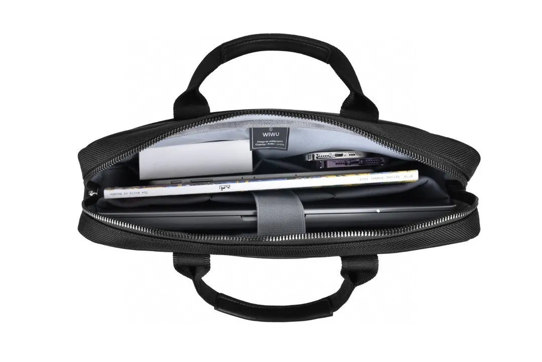Black oxford cloth laptop backpack showing multiple pockets and a separate padded computer compartment.