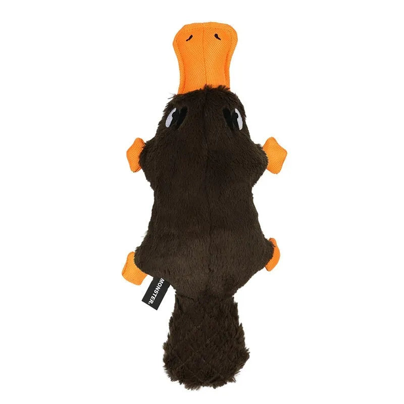 Brown plush platypus dog toy with squeaker on white background