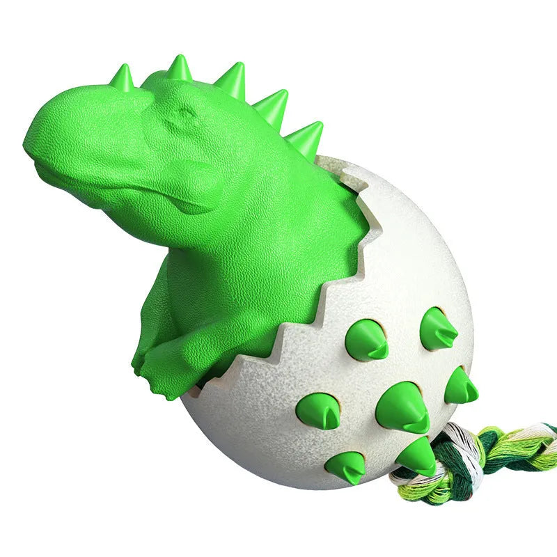 Blue durable dinosaur-shaped dog chew toy with textured grooves and an attached rope for aggressive chewers