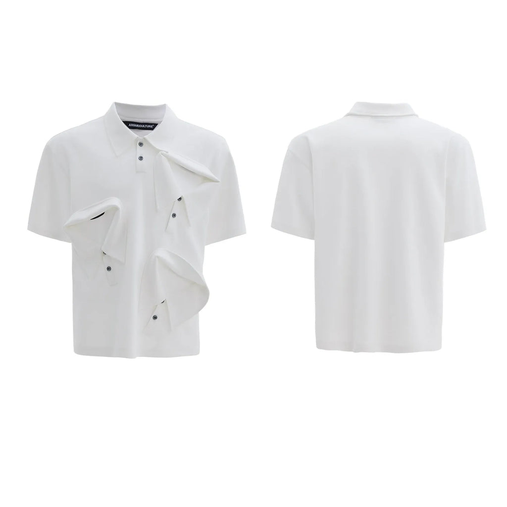 Men's loose fit deconstructed collar polo shirt with Giant Land Turtle geometric pattern in black.
