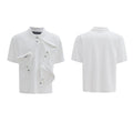 Men's loose fit deconstructed collar polo shirt with Giant Land Turtle geometric pattern in black.