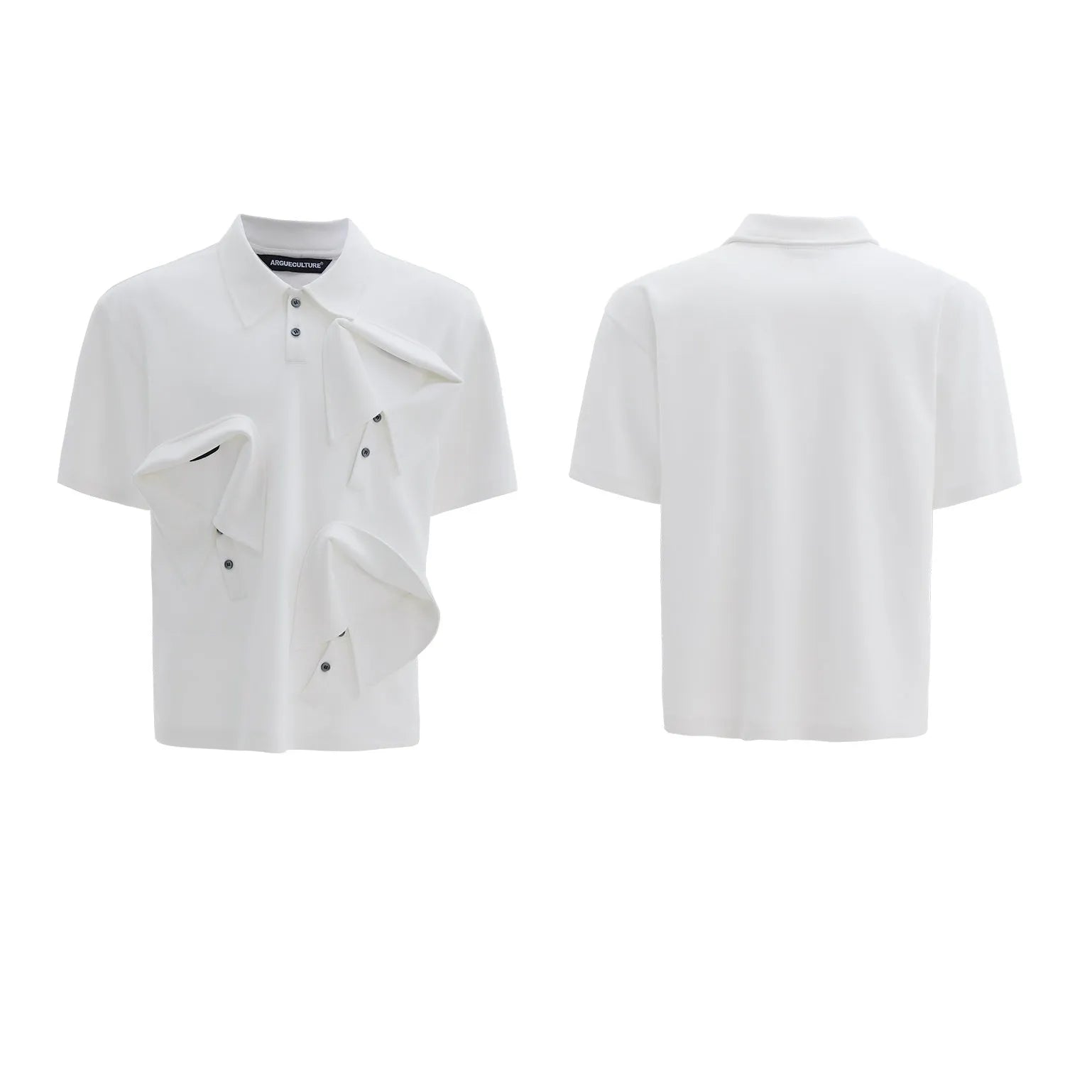 Men's loose fit deconstructed collar polo shirt with Giant Land Turtle geometric pattern in black.