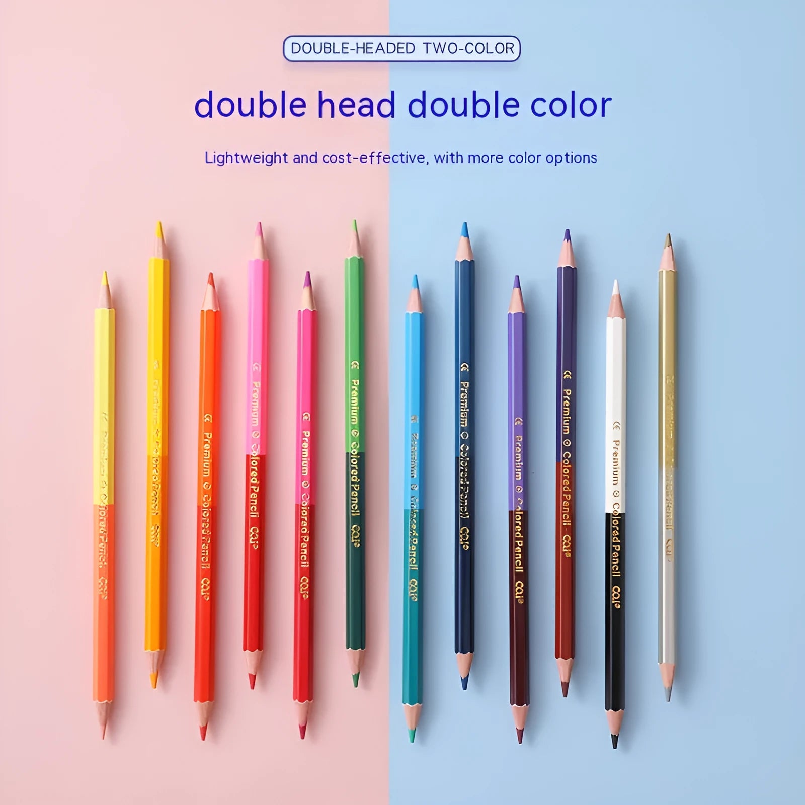 Wooden colour pencil set showing pencil detail and colour range options
