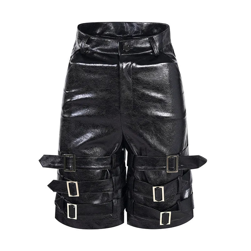 Black men's spandex leather-look shorts with a cropped, casual fit and medium-low waist.