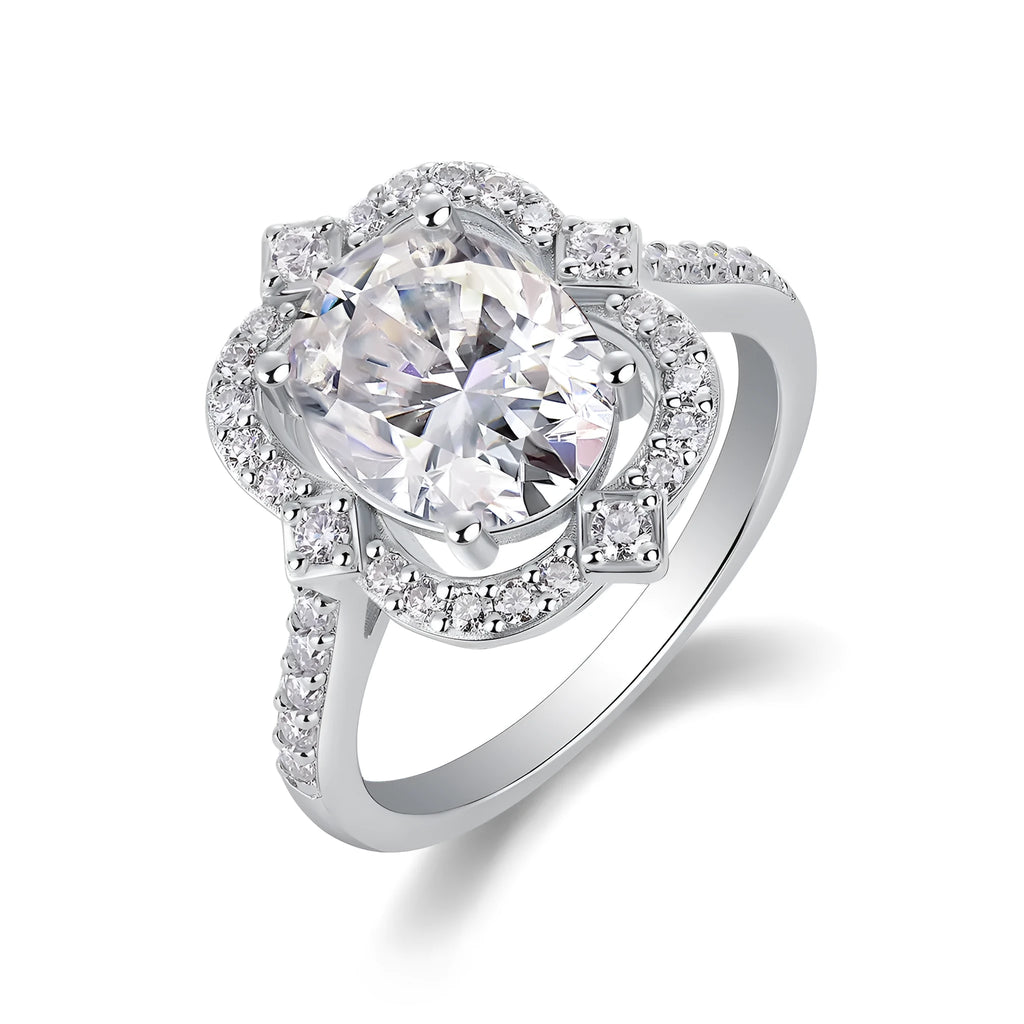 Camellia egg-shaped moissanite wedding ring set with S925 silver and platinum plating, showing centre stone and band