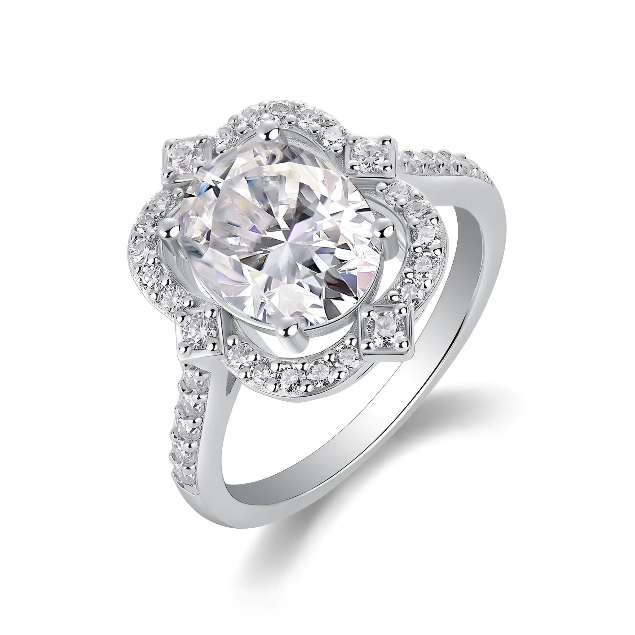 Camellia egg-shaped moissanite wedding ring set with S925 silver and platinum plating, showing centre stone and band