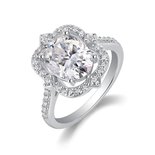 Camellia egg-shaped moissanite wedding ring set with S925 silver and platinum plating, showing centre stone and band