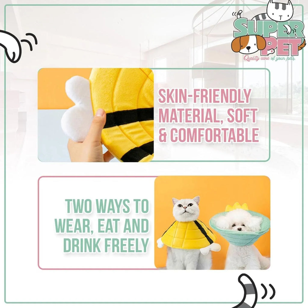 Soft cat cone collar with bee design for post-surgery protection in adjustable sizes