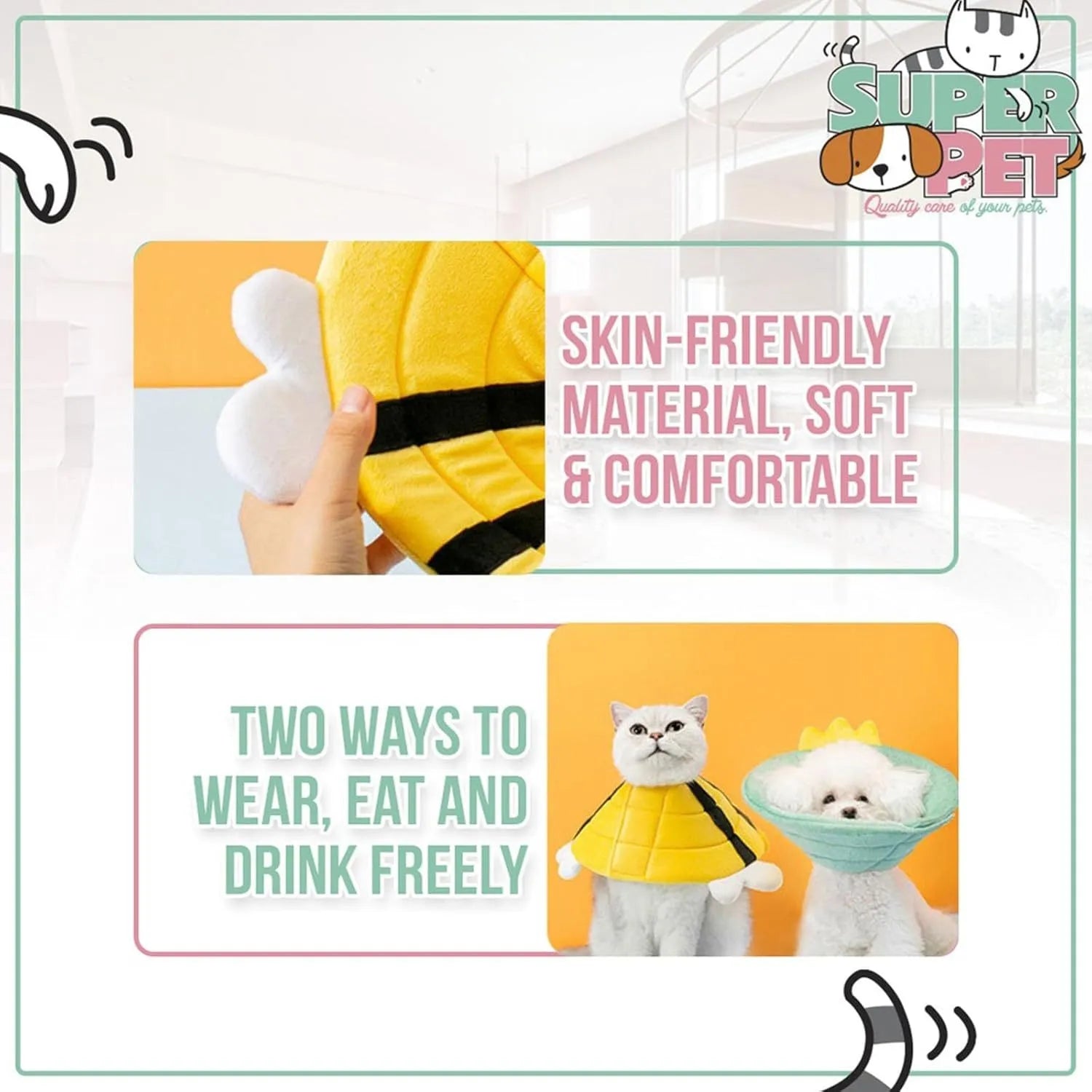 Soft cat cone collar with bee design for post-surgery protection in adjustable sizes