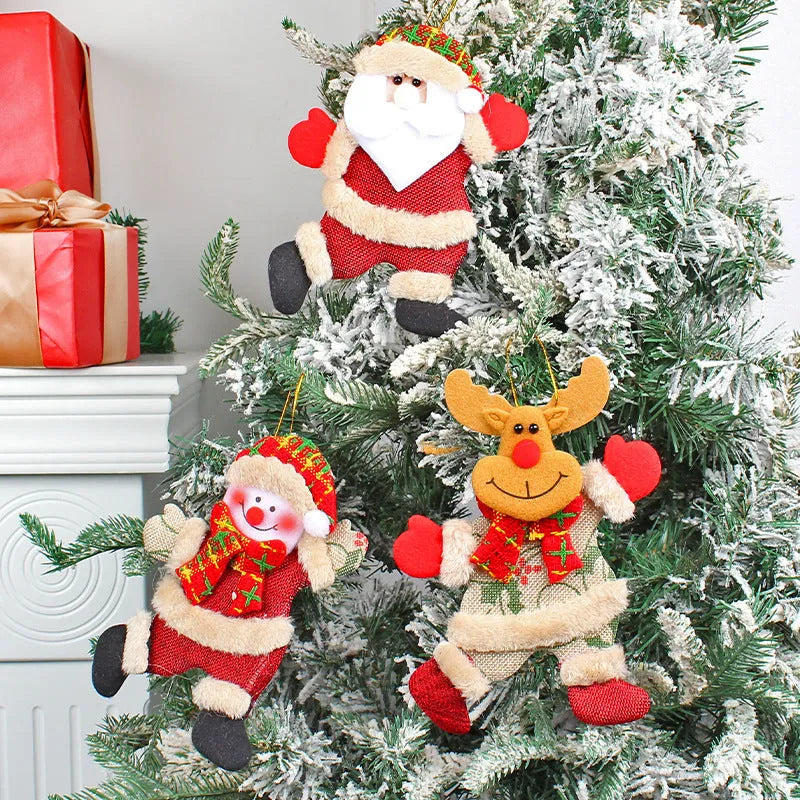 Set of four Christmas tree ornaments Santa snowman reindeer and bear figures with red white scarves golden balls red bows
