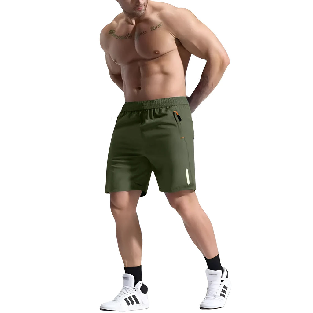 Men's bamboo fibre sports shorts in army green with an elastic high waist and drawstring closure.