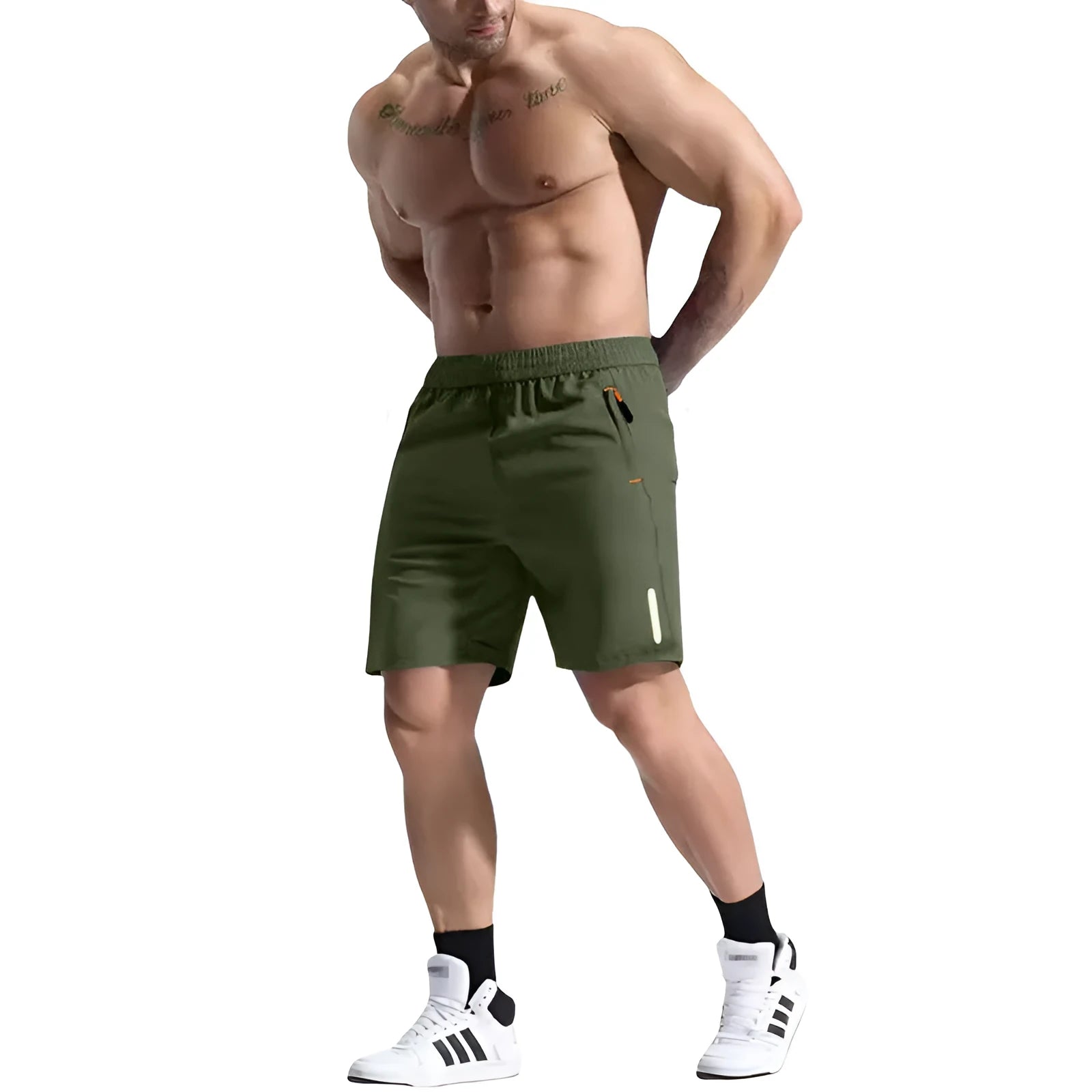 Men's bamboo fibre sports shorts in army green with an elastic high waist and drawstring closure.