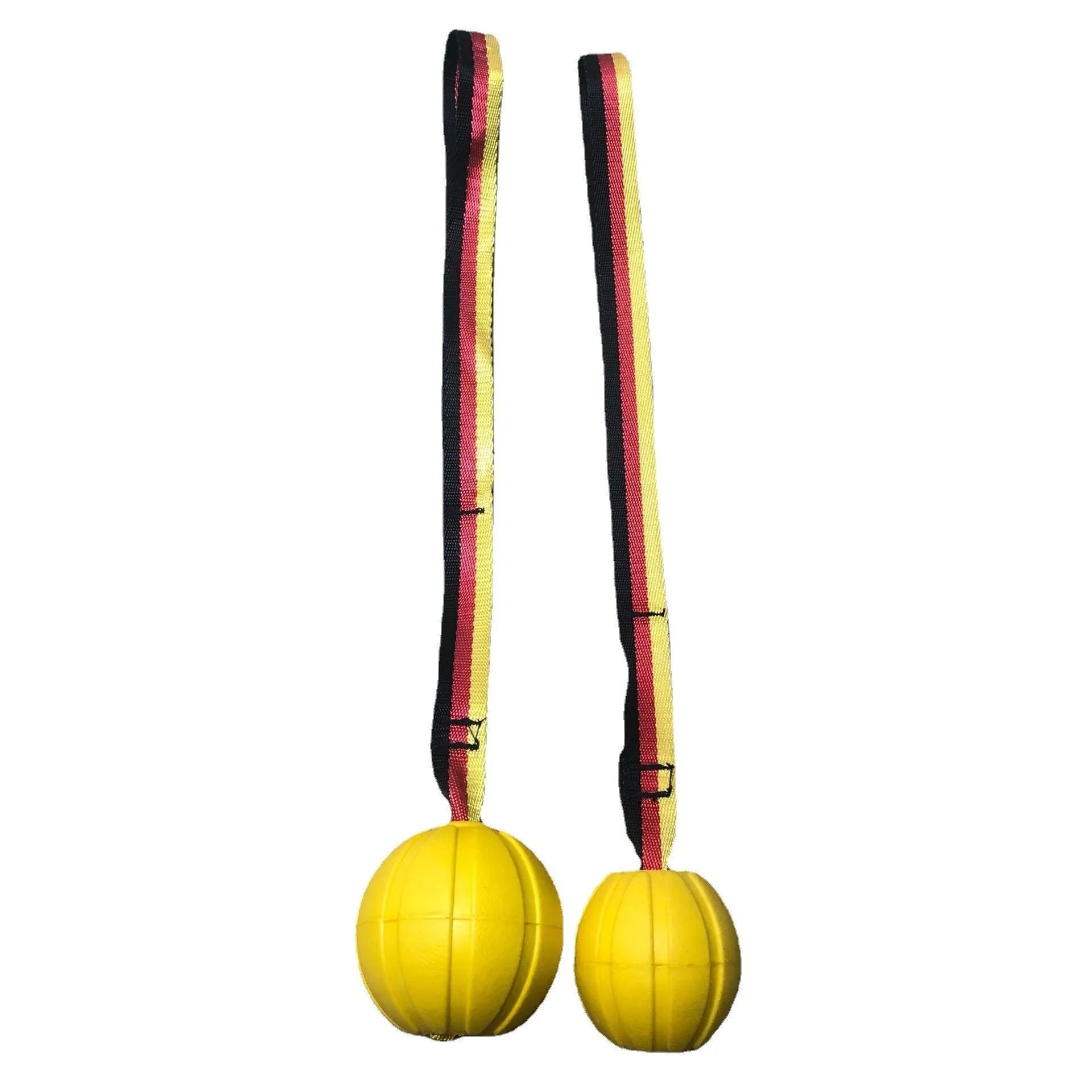 Yellow and camouflage coloured EVA foam floating dog ball with string attached for fetch and water training.