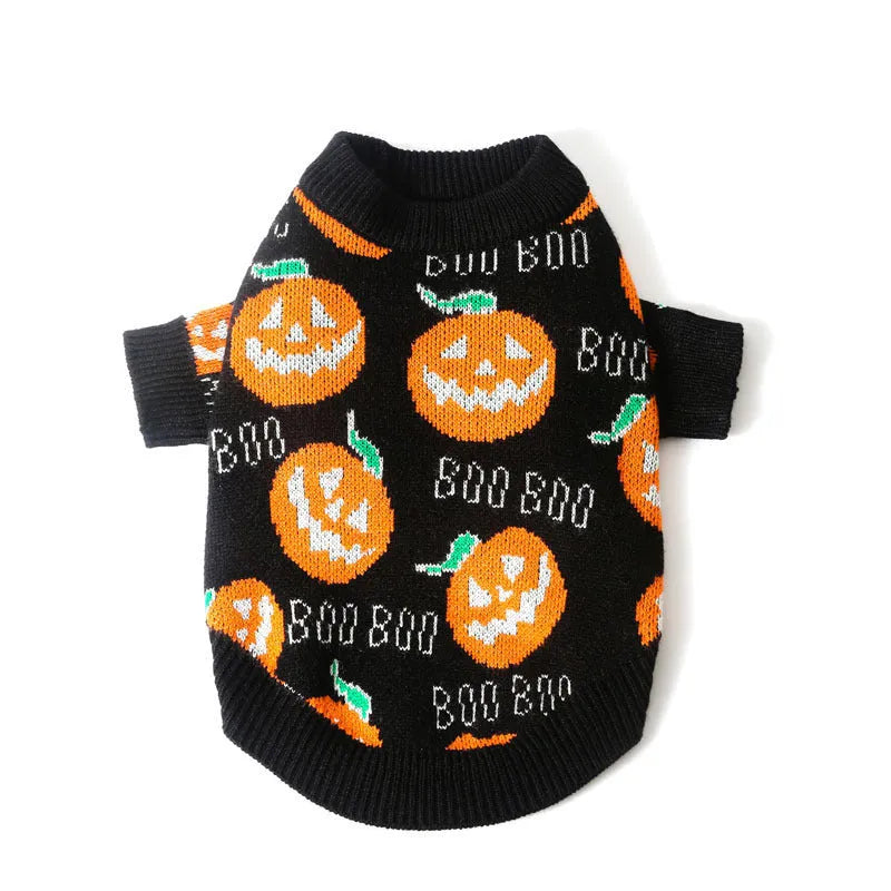 Black Halloween dog sweater with orange pumpkin pattern print, pullover style with four leg holes