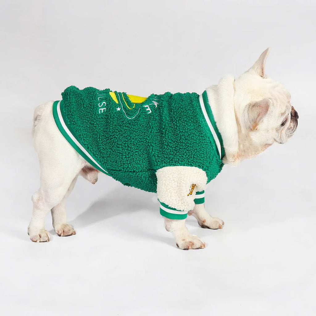 Green fleece-lined dog jumper coat for winter warmth in large to extra-extra-large sizes