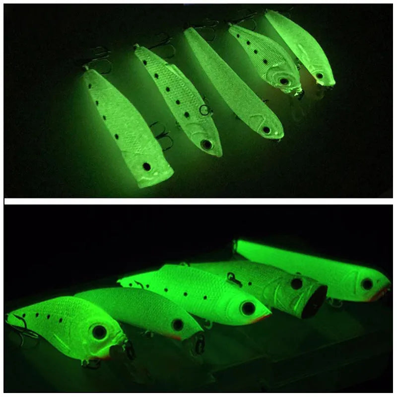 Set of five fluorescent 3D simulation hard bait fishing lures with luminous effect.