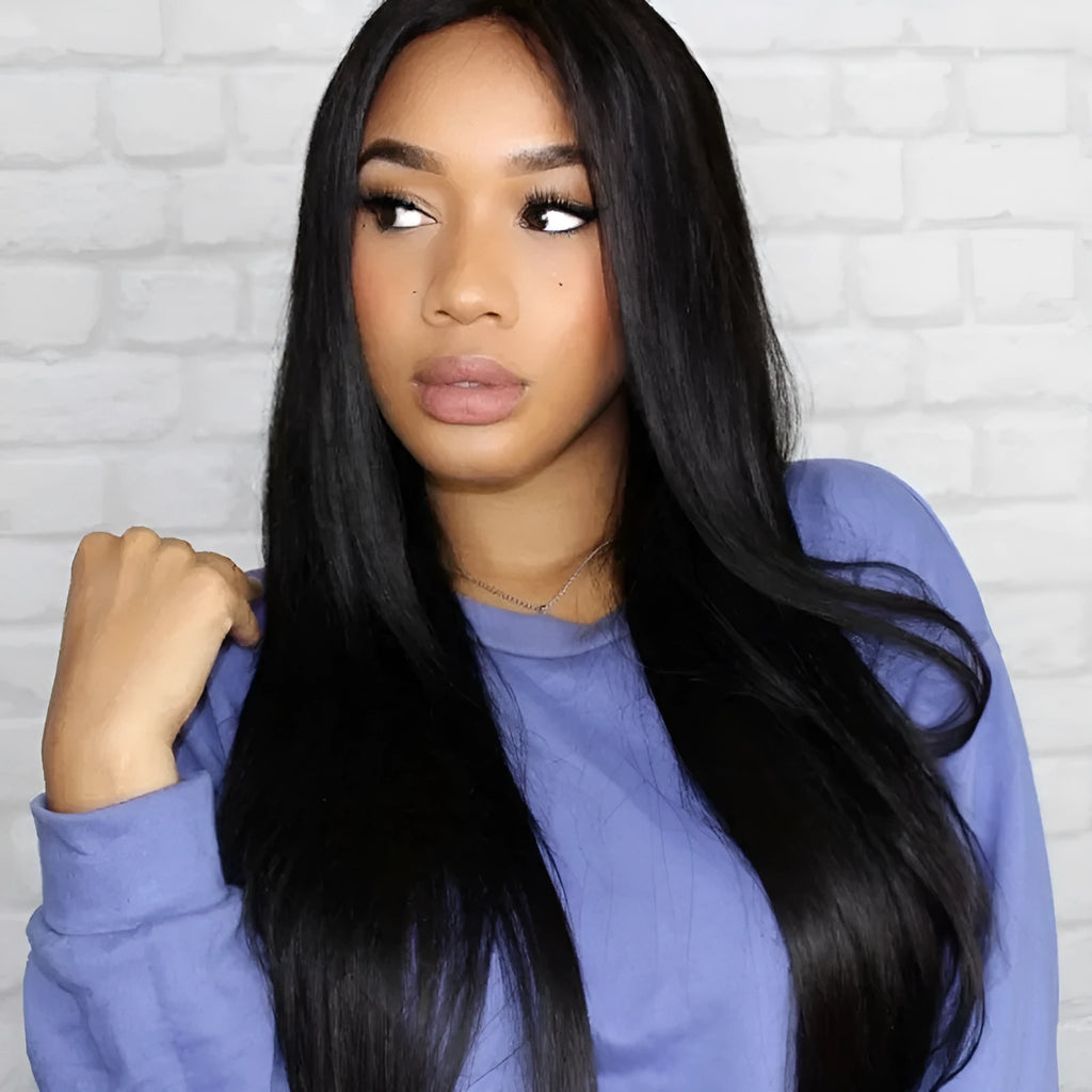 Long straight synthetic wig with centre-parted bangs in black colour