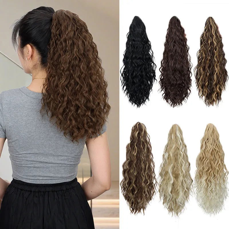 A corn curl ponytail wig with a water ripple grip texture, shown in a dark brown 1B colour, featuring a hair clip attachment.