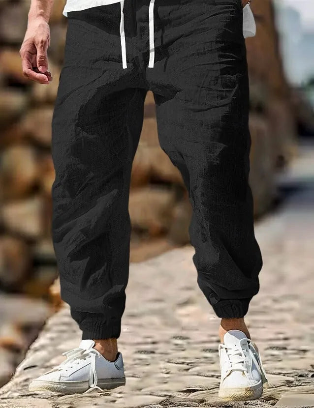 Men's straight leg linen trousers in Army Green with elastic waistband