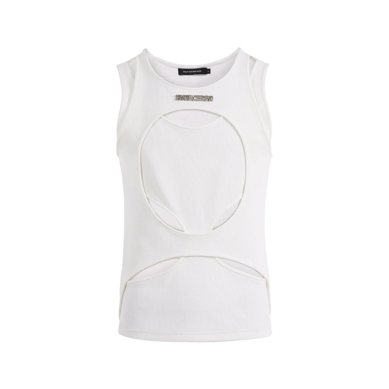 Men's black sleeveless waistcoat with hollow thread construction and round neck collar