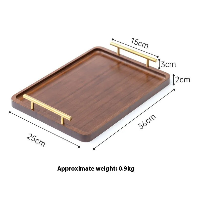 Square bamboo serving tray with a brown handle for barbecue shops and hotels.