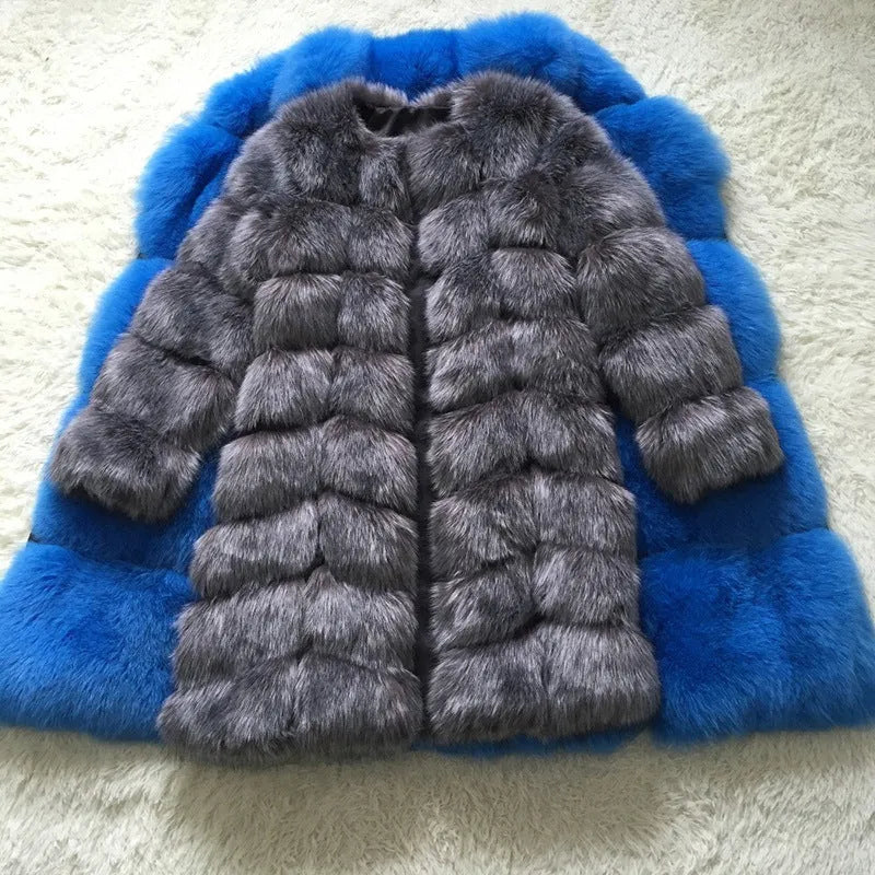 Women's thick artificial fur coat in apricot colour, shown with regular sleeves and 80 cm length