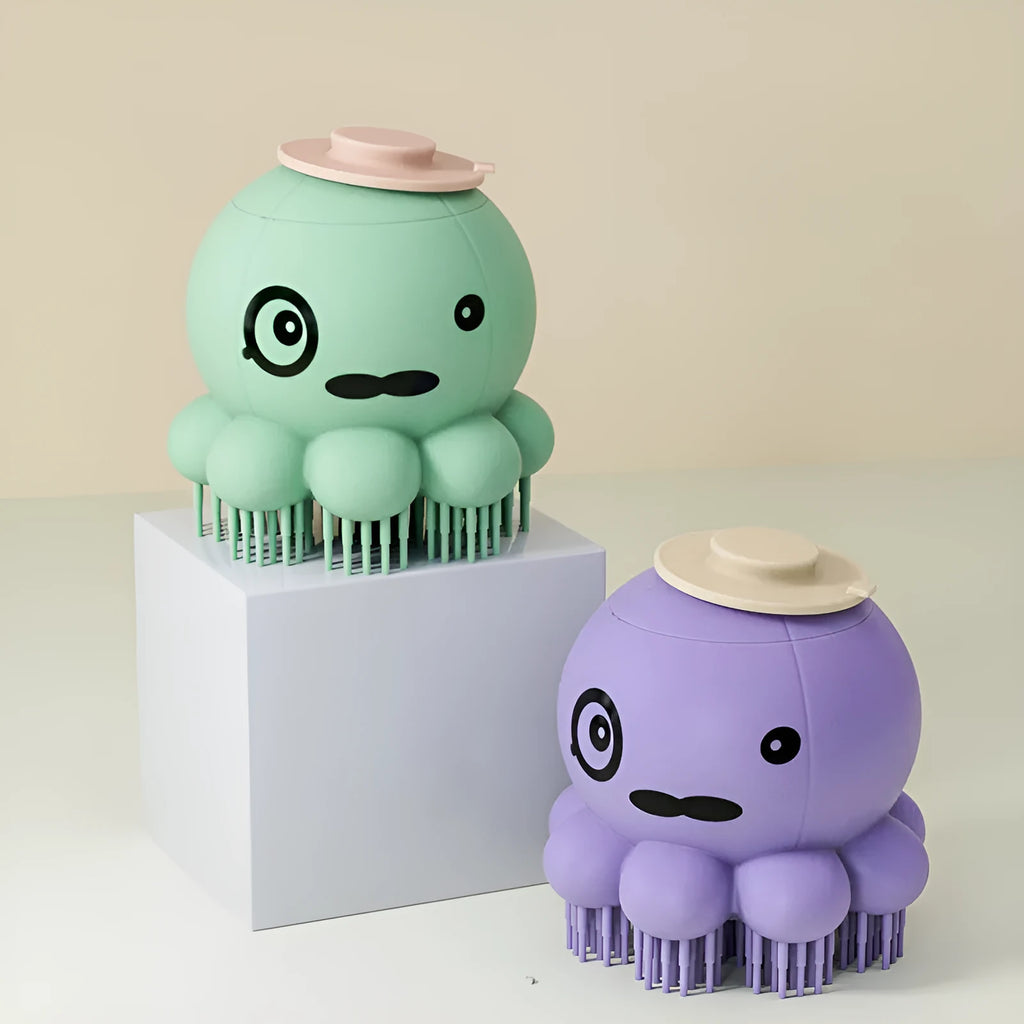 Green pet bath brush with built-in body wash reservoir and soft silicone bristles for dog and cat grooming