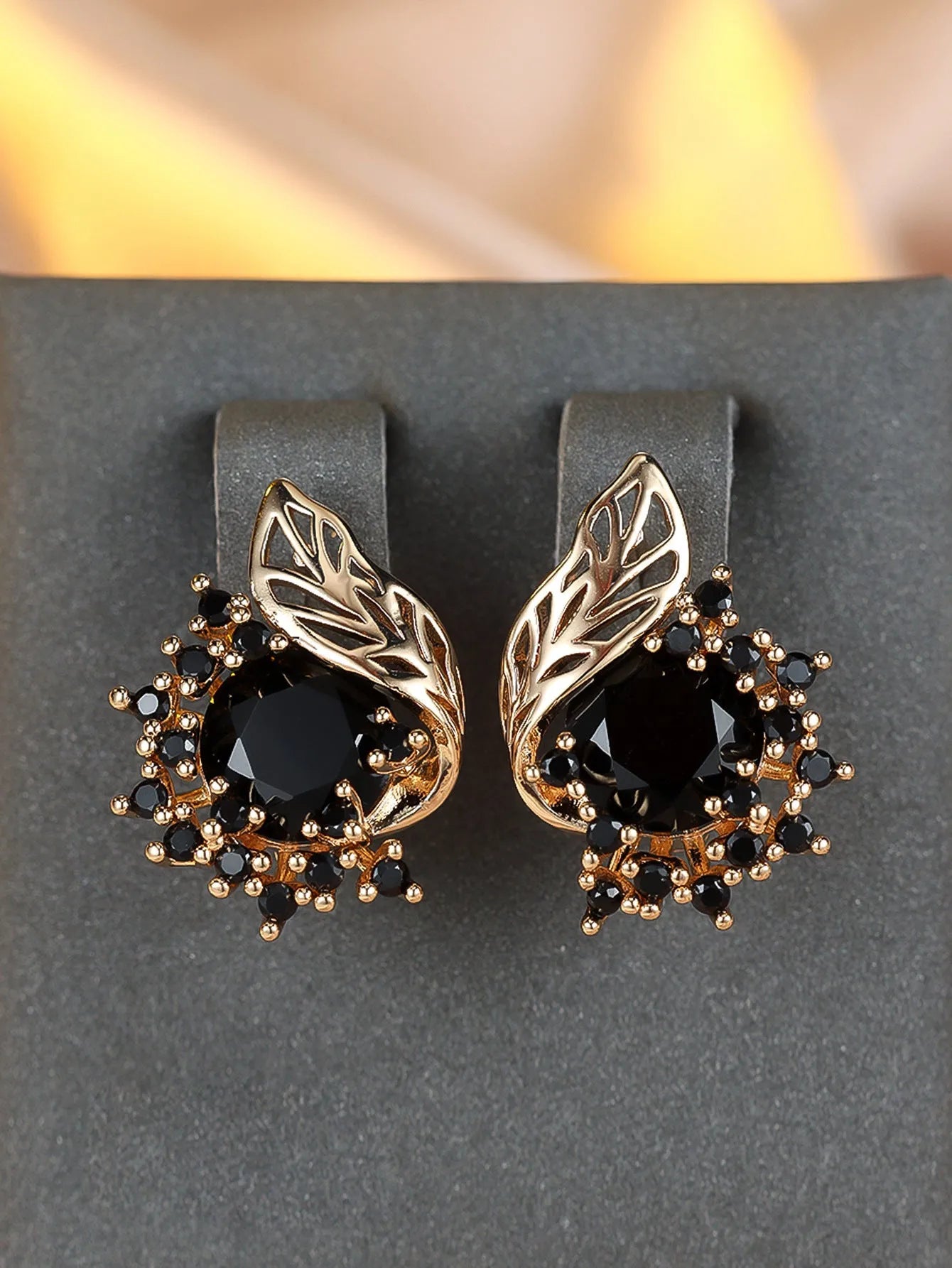 Round flower feather design zircon earrings in electroplated champagne gold with coloured stone options
