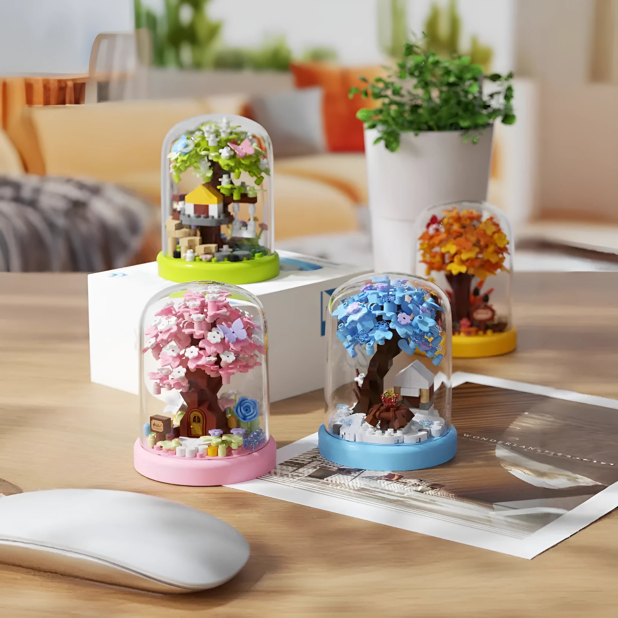 Micro particle building block set showing Cherry Blossom Tree House model in colour box