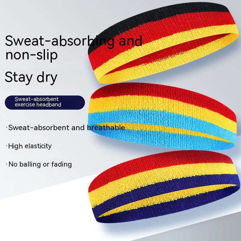 Multi-colour sports headband for adults shown in red, yellow and blue, with a size scale indicating 5.5 cm width.