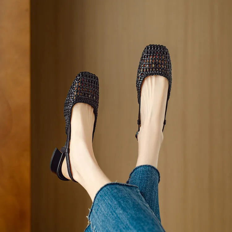 Women's woven hollow-out closed toe sandals with chunky 4cm heel and belt buckle closure