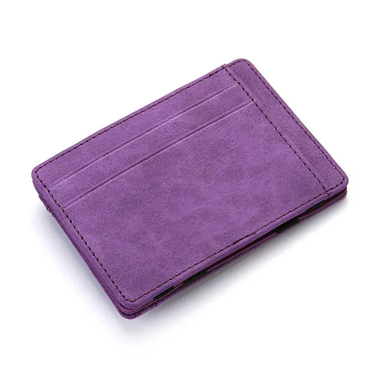 PU creative magic wallet in solid colour showing flip card holder and zipper coin purse with sewing line details.