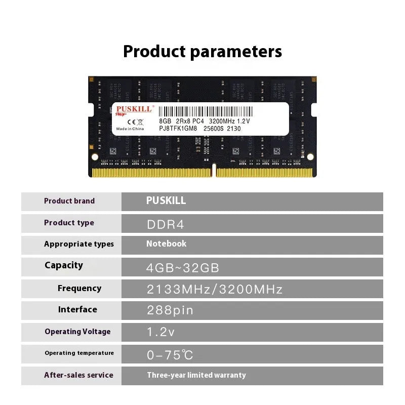 Notebook DDR4 memory bar module showing 260-pin connector and memory chips on green PCB