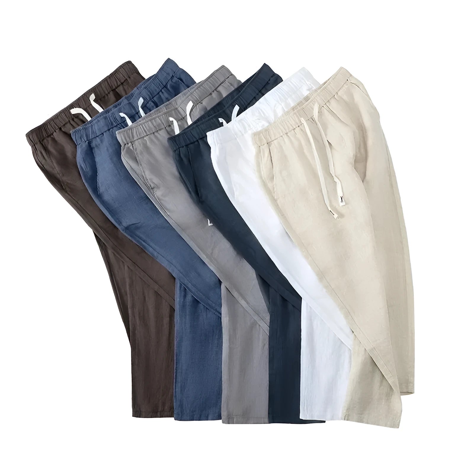 Pure linen Chinese-style straight-leg trousers with a drawstring waist in multiple colours.