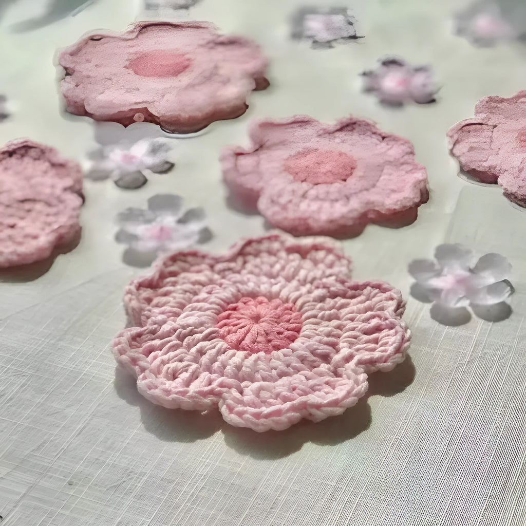Set of hand-woven wool coasters on a wooden table surface