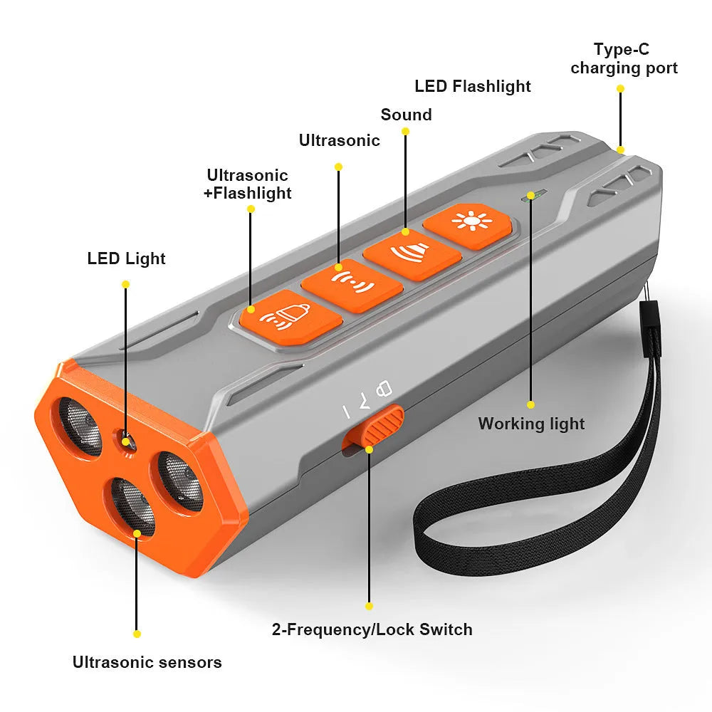 Three-head ultrasonic dog trainer in handheld ABS plastic case with adjustable controls