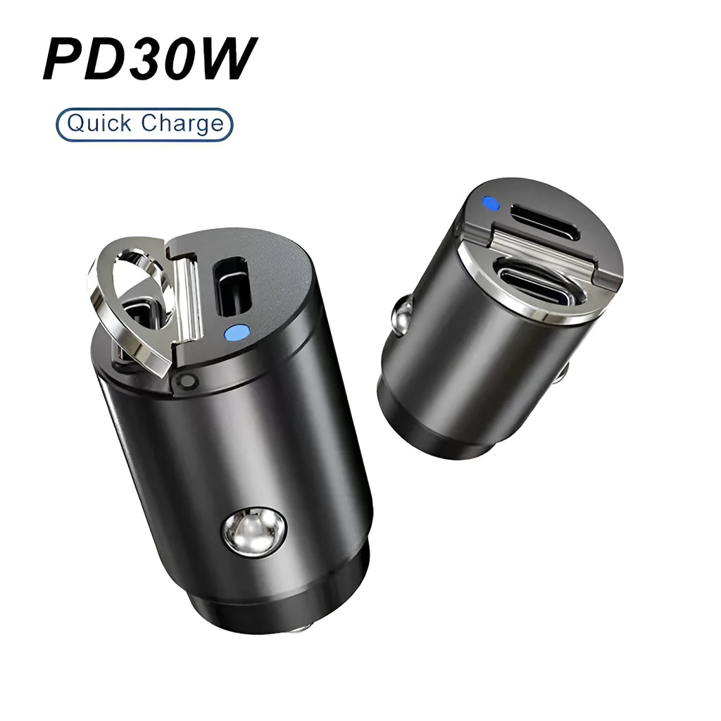 Black 30W mini car cigarette lighter charger with PD and QC 3.0 fast charging support