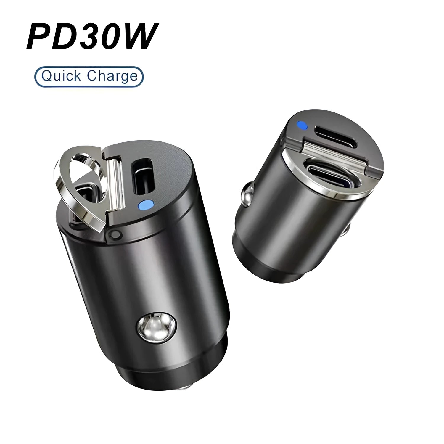 Black 30W mini car cigarette lighter charger with PD and QC 3.0 fast charging support