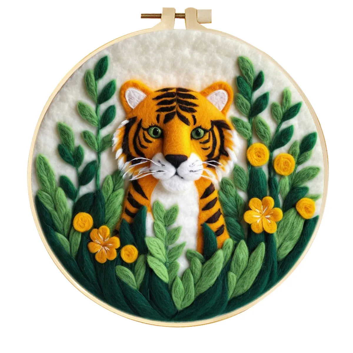 Round 20x20 cm linen embroidery kit with wool felt pieces for floral design and included embroidery frame.