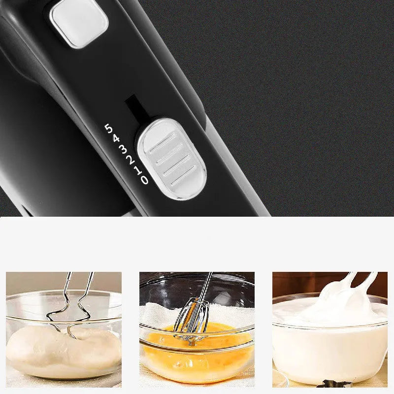 Cross-Border 6621 800W handheld mixer in black with stainless steel whisk on white background