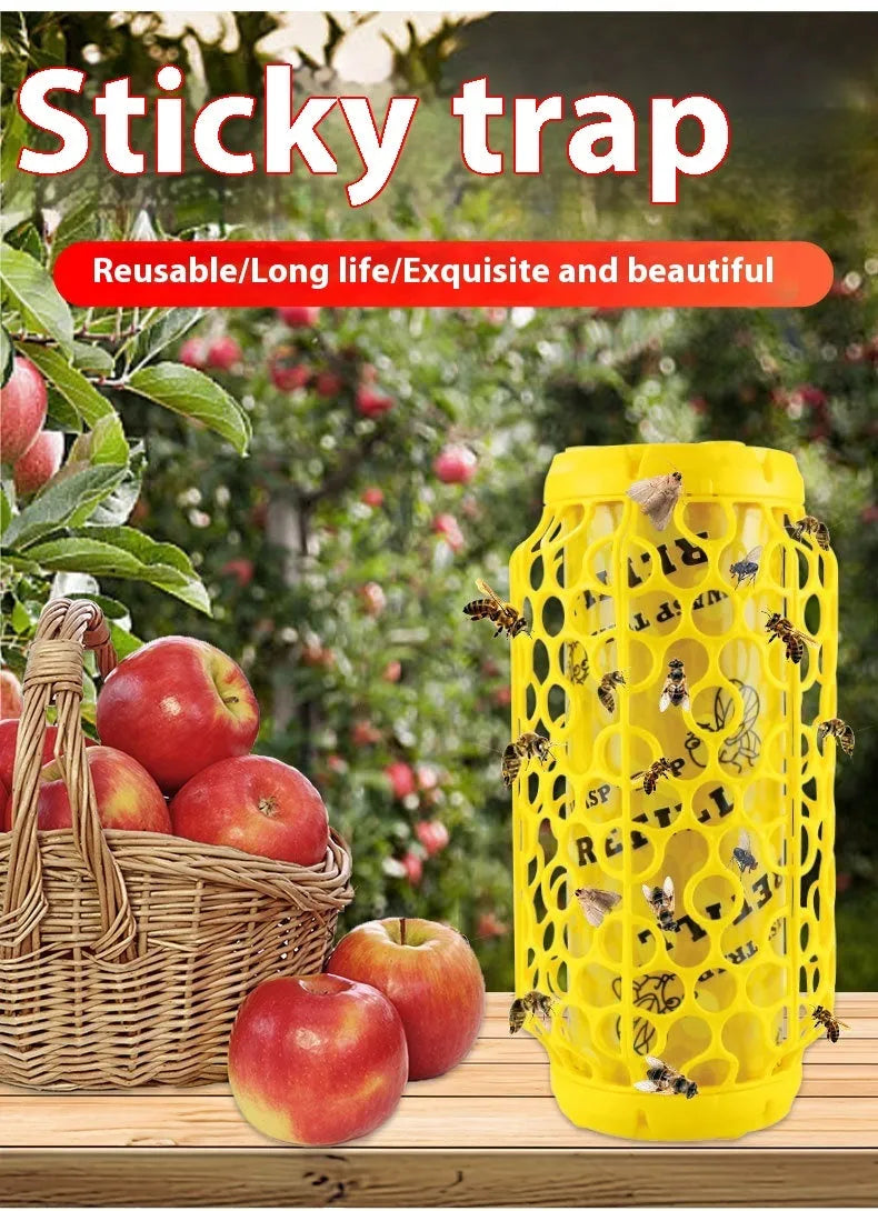 Hanging hornet catcher with sticky catcher and outer mesh for wasps and small flying insects in outdoor settings