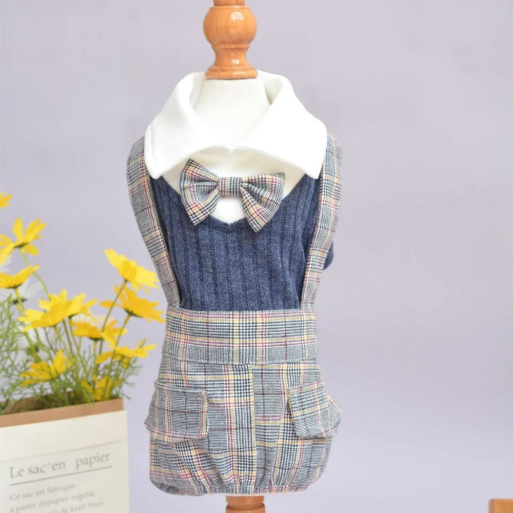 Orange and dark blue cotton dog shirt suit for small dogs, available in sizes S to 2XL.