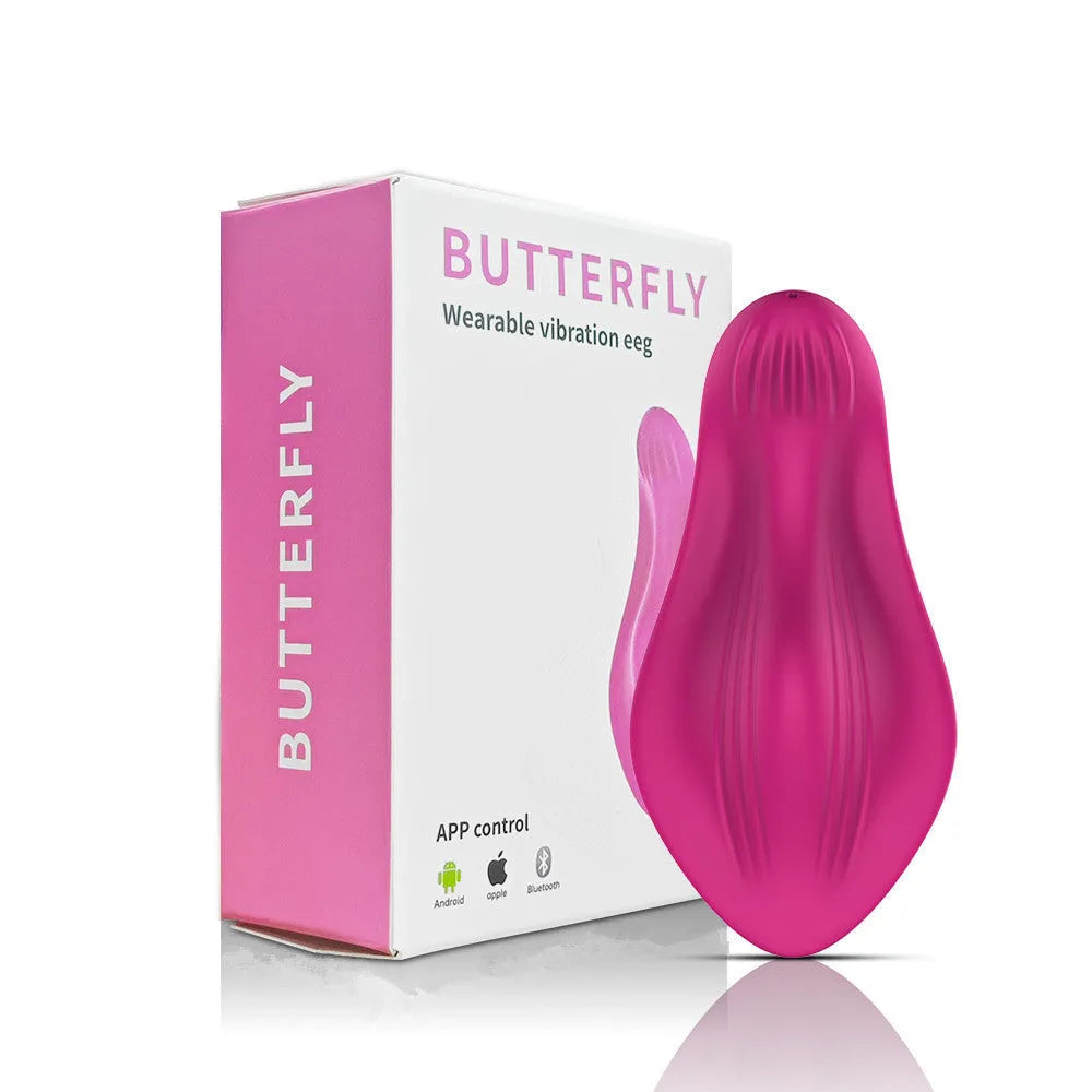 Rose red wearable female massager with smartphone APP remote control on a white background