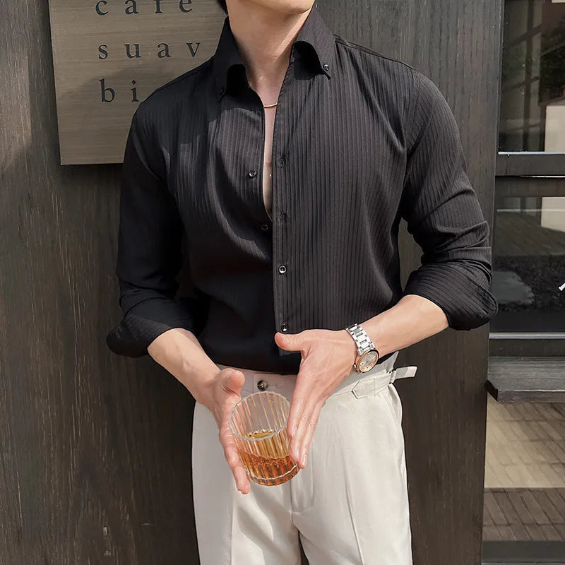 Men's striped V-neck long sleeve casual shirt in chemical fibre blend fabric