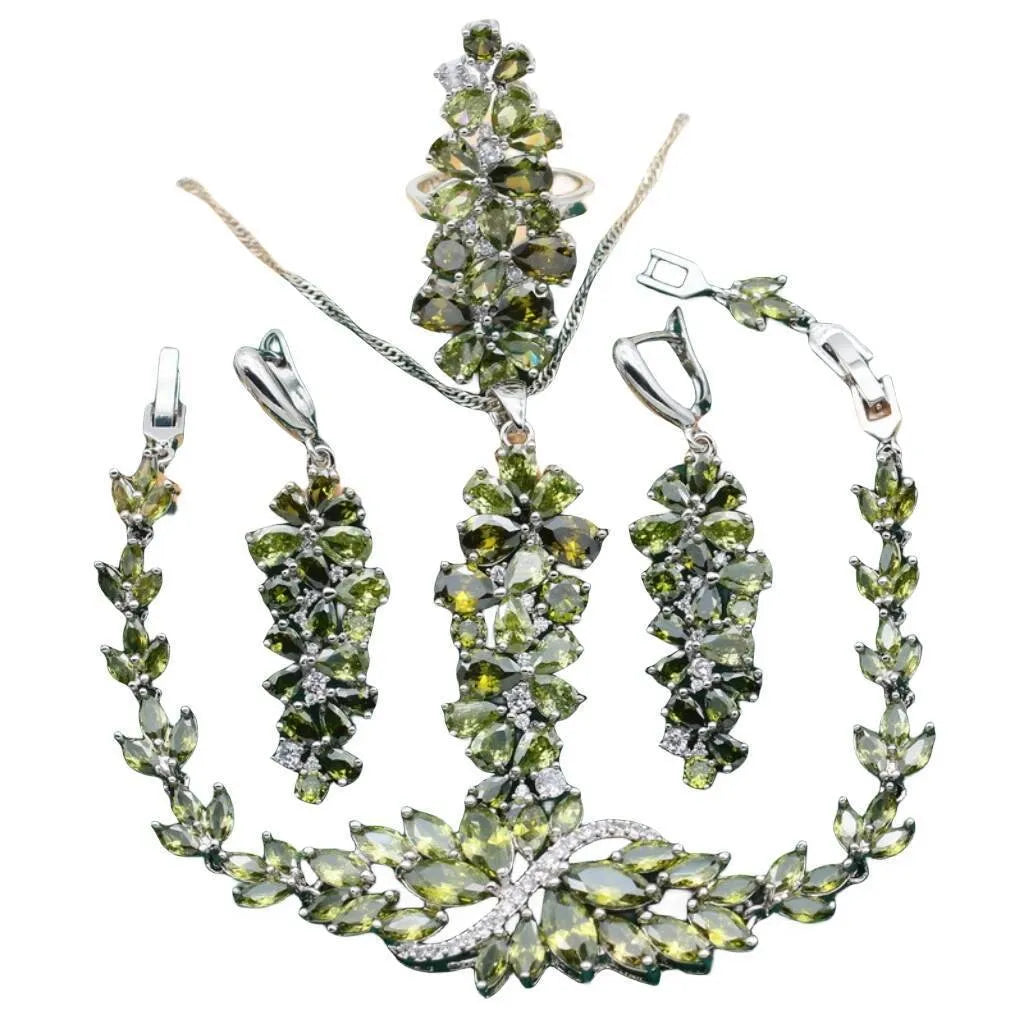 Retro floral pattern jewellery set with necklace, earrings, ring, and bracelet in olive or purple colours