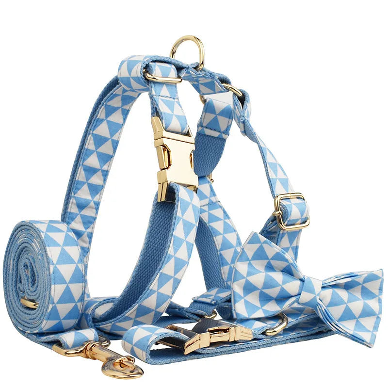 Blue cloth dog bow tie vest outfit set with collar, leash, bow and vest for small dogs