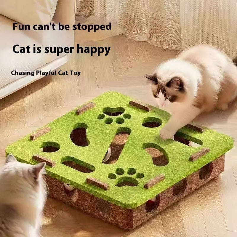 Handmade felt cat toy box in green brown colour, dimensions 30x30x7.5 cm