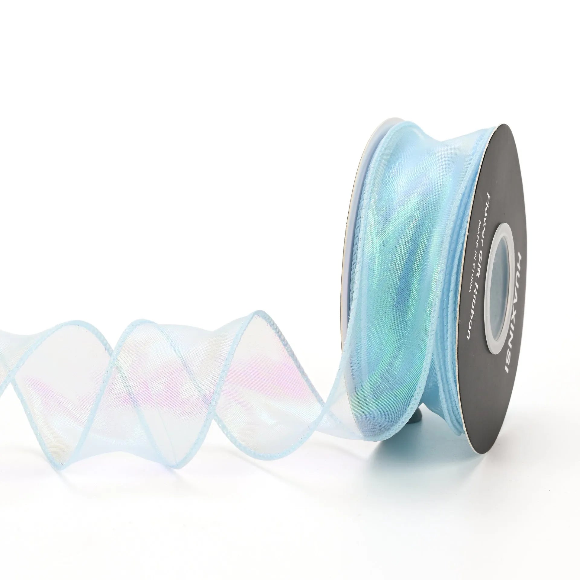 Fishtail yarn wave ribbon in various illusion colours showing 4cm width and textured mesh construction