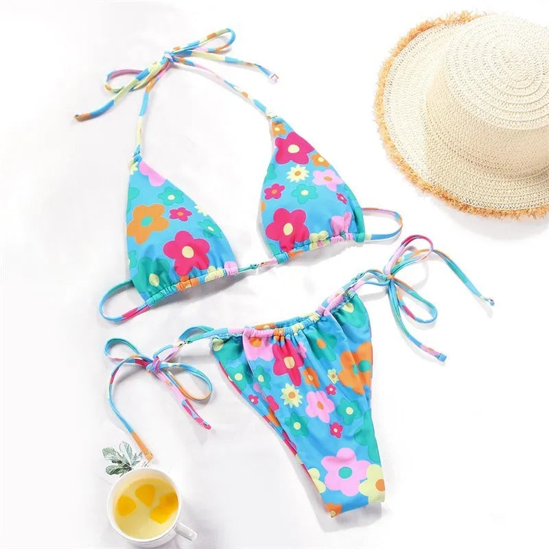 Women's polka dot print halter neck split swimsuit bikini in watermelon gradient colour