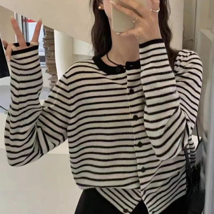French style women's striped cardigan coat in dark grey and white, 40cm length slim fit